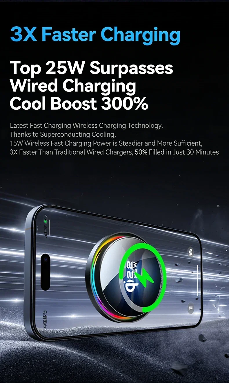 Qi2 25W Kühlendes Magnetisches Auto-Drahtlos-Ladegerät mit RGB-Licht 360° ° Drehständer für Magsafe iPhone 17 Pro Max Samsung S26 Ultra – Detail 6