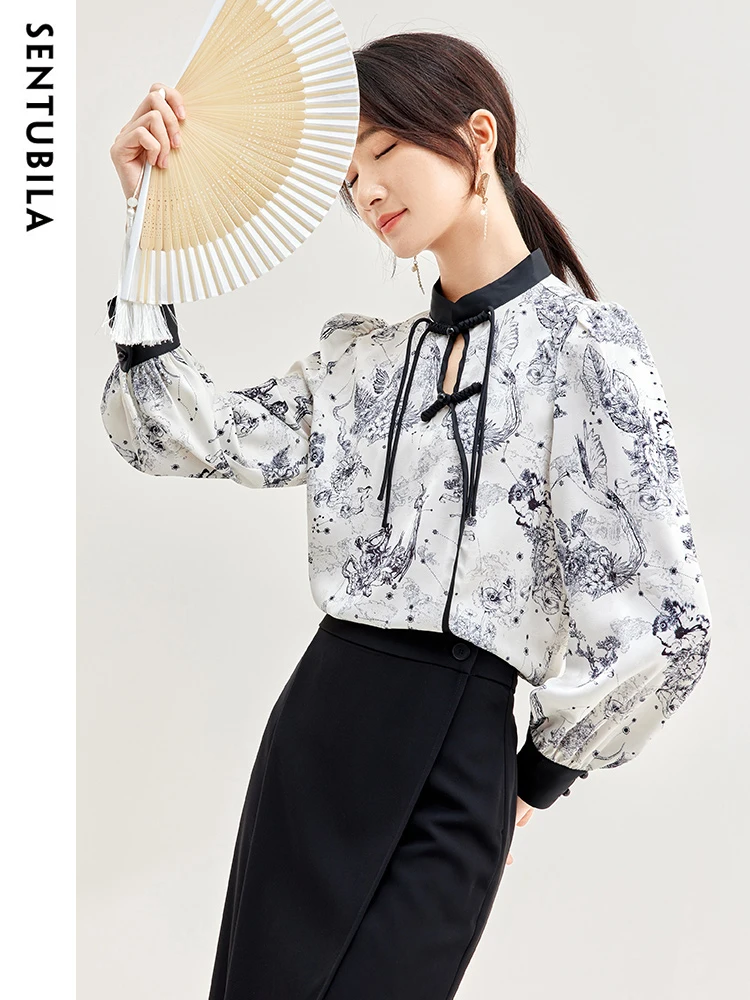 SENTUBILA Chinese Style Print Shirt for Women 2025 Autumn Patchwork Hollow-out Half High Neck Elegant Shirts & Blouses 133C51565