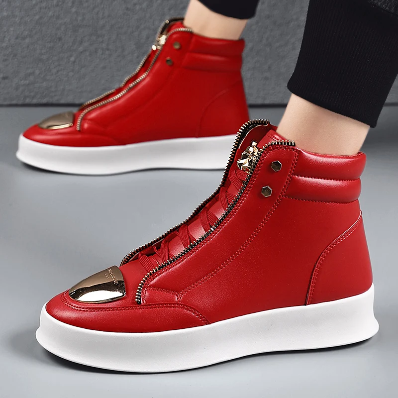 HKDQ Red High Top Sneakers Man Luxury Brand Platform Leather Sneakers Men Fashion Casual Men\'s Ankle Boots zapatillas de hombre