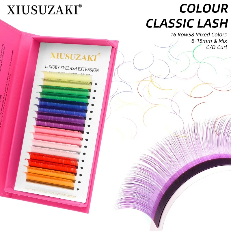 

XIUSUZAKI 16 Rows Mixed 8 Colors Rainbow Colored Classic Lashes Extensions Faux Mink Colorful Individual Eyelashes Extensions