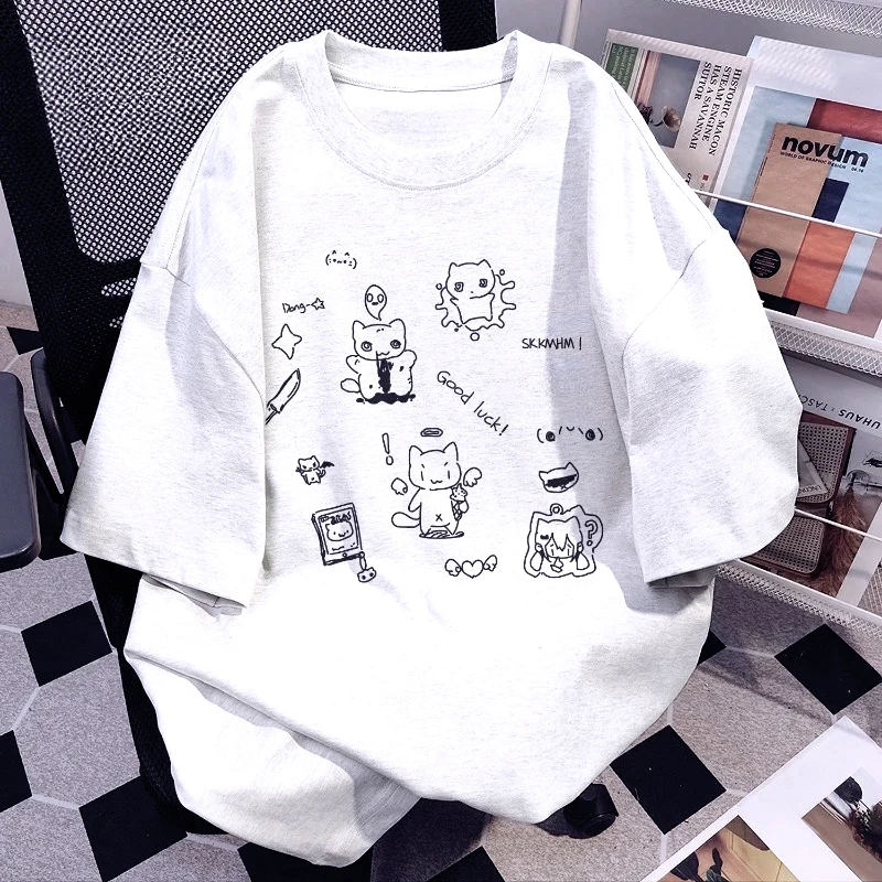 Camiseta con estampado de gatito de dibujos animados para mujer, camiseta blanca con cuello redondo, camisetas informales bonitas Kawaii de verano, camisetas gráficas con personalidad