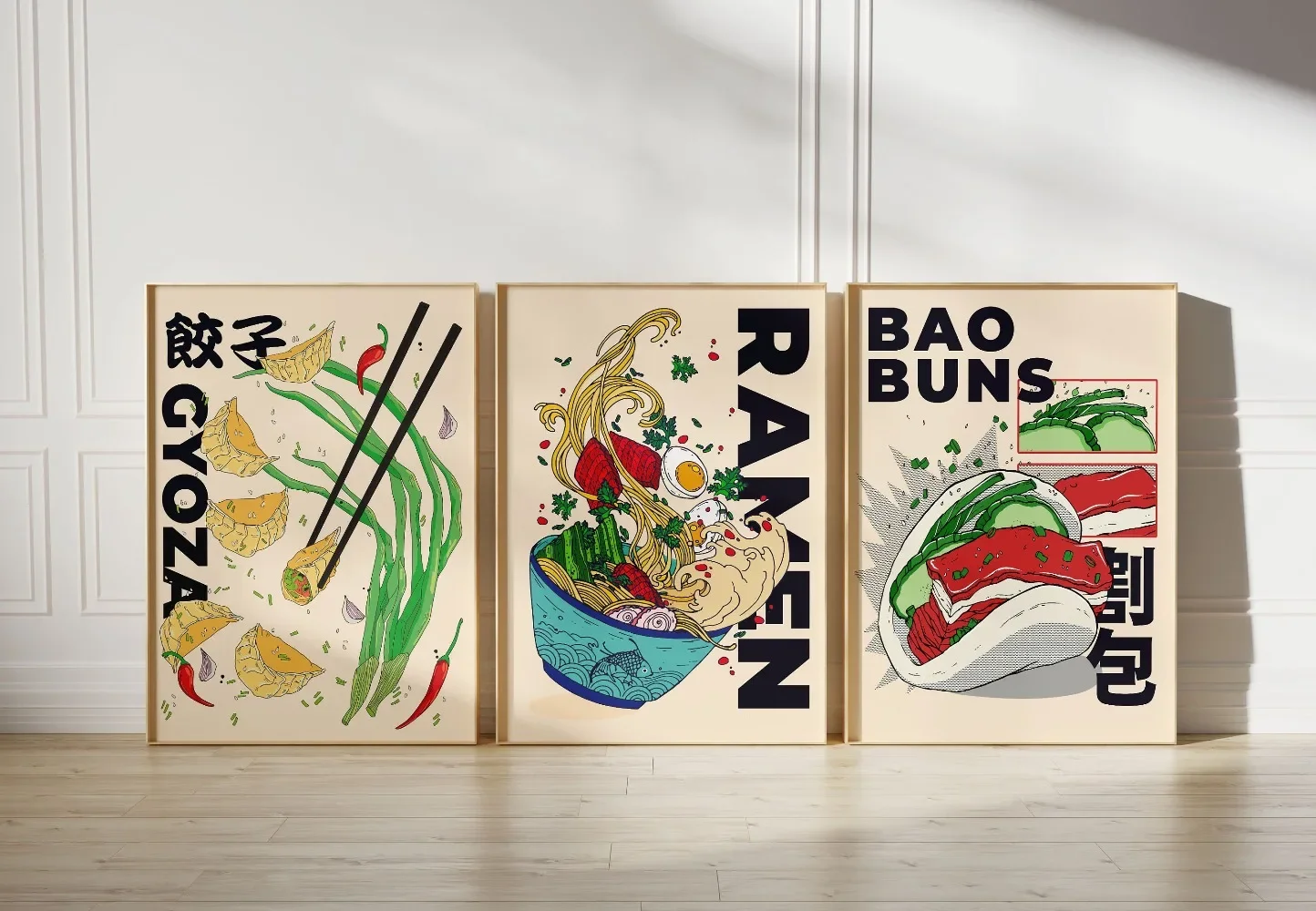 (No frame)3pcs Set Japanese Food Canvas Poster Prints - Ramen, Gyoza, Bao Buns - Modern Kitchen Wall Art Decor Unframed