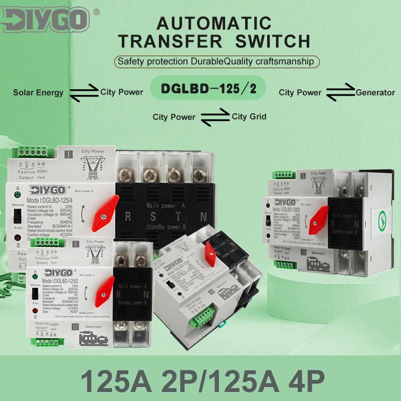 

Miniature Din Rail ATS Switch 2/4P 125A Dual Power Electrical Selector For Uninterrupted Generator Automatic Transfer System