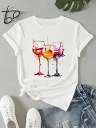 Rainbow Wine Glass Pattern Print Women T-Shirt Summer Casual Clothing Street Hip Hop Short Sleeve Breathable Comfortable T Shirt