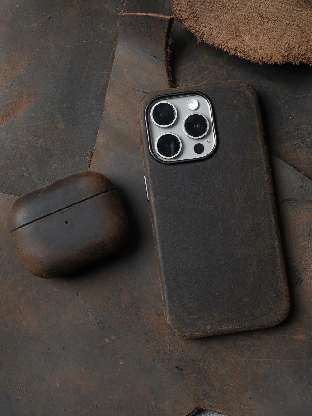 Italienische Crazy Horse-Echtledertasche für AirPods Pro 3 und 2 Luxushüllen, kabellose Bluetooth-Headset-Abdeckung – Detail 5