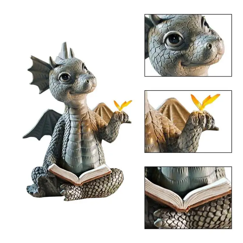 Little Dragon Dinosaur Meditation Reading Book Sculpture Figure Garden Home Decor Resin Ornament