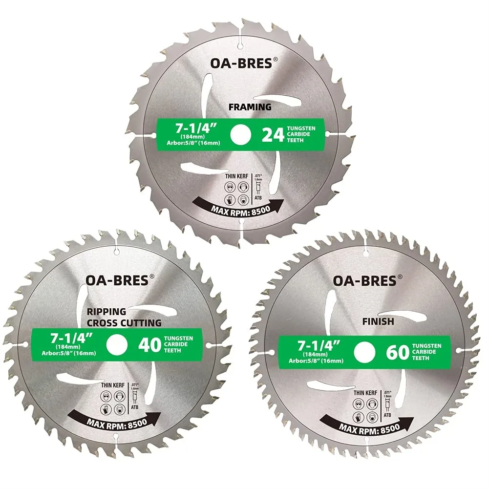 

3-Pack 7-1/4" Circular Saw Blades, 24T Framing 40T Crosscut 60T Finish, ATB Teeth for Smooth Wood Cutting, with Storage Case