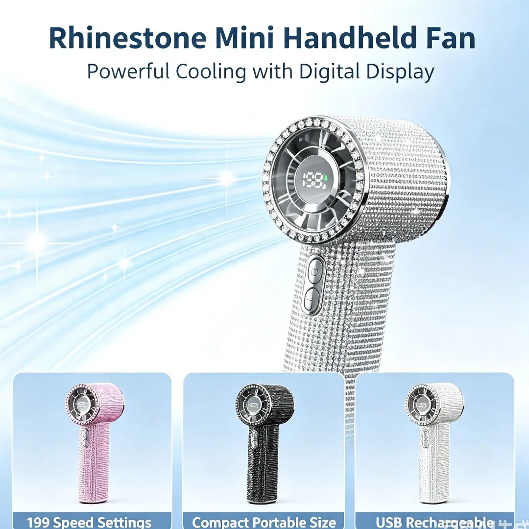 Sparkling Portable Handheld Fan 199 Speeds Strong Wind Outdoor Rechargeable USB Mini Ice Cooling Fan With Imitation Diamonds