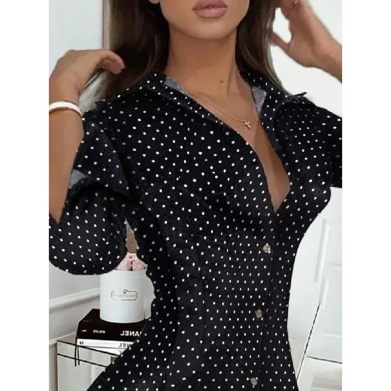 Vintage Dot Print Plissee Kleid Frauen Langarm Drehen Unten Kragen Elegante Mini Kleid Damen Casual Büro Kurzes Kleid