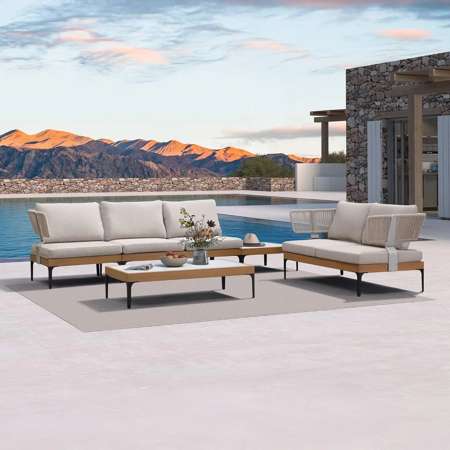 

5Pieces Patio Conversation Furniture Sets with Loveseat Chairs Tables Modern Wicker Armest Outdoor Aluminum Sectional Sofa Sets