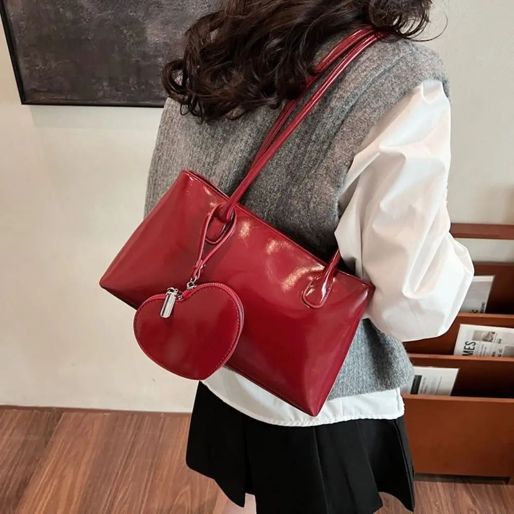 Retro Red PU Leather Women Shoulder Bags with Love Coin Purse Large Capacity Ladies Satchel Hobo Bag Tote  Bag