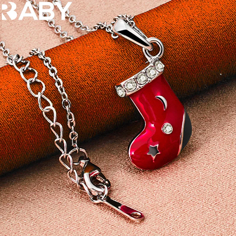 

URBABY 925 Sterling Silver Red Socks AAA Zircon Pendant Necklace For Women Fashion Wedding Party Jewelry With 16-30 inch Chain