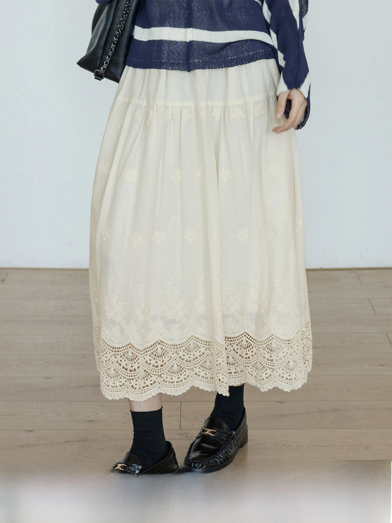 

Весенняя дизайнерская юбка А-силуэта с кружевными вставками, женская повседневная элегантная хлопковая юбка с высокой талией для офиса, длинная