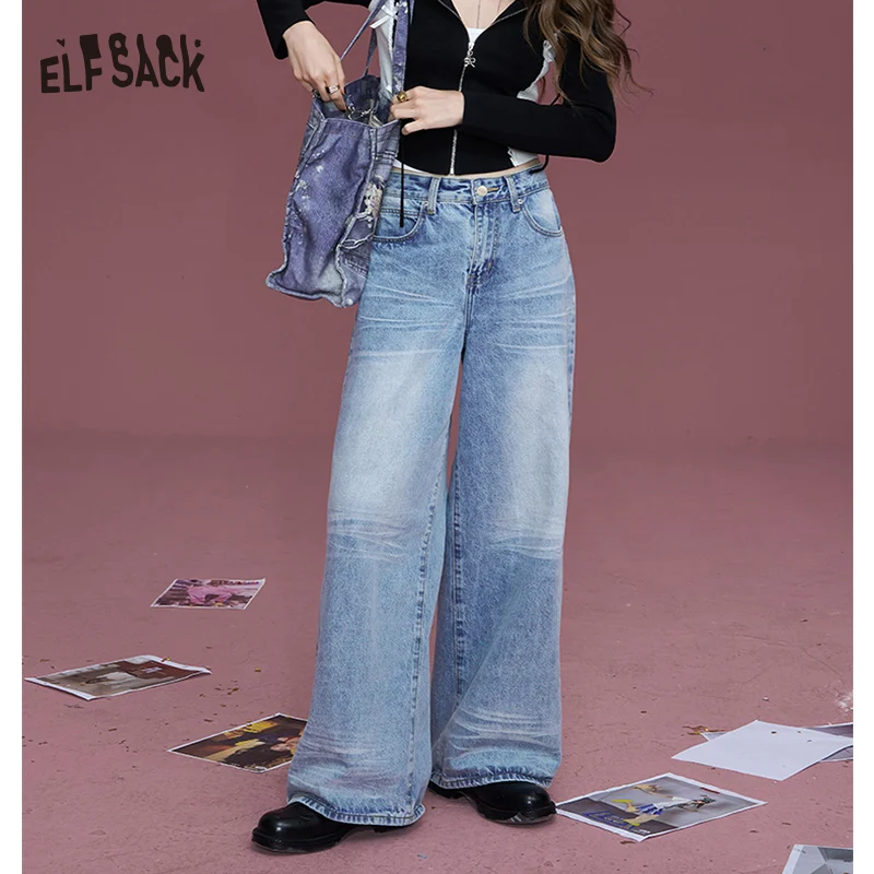 

ELFSACK 2024 Autumn New Arrivals Light blue washed wide-leg lazy loose pocket straight jeans for women