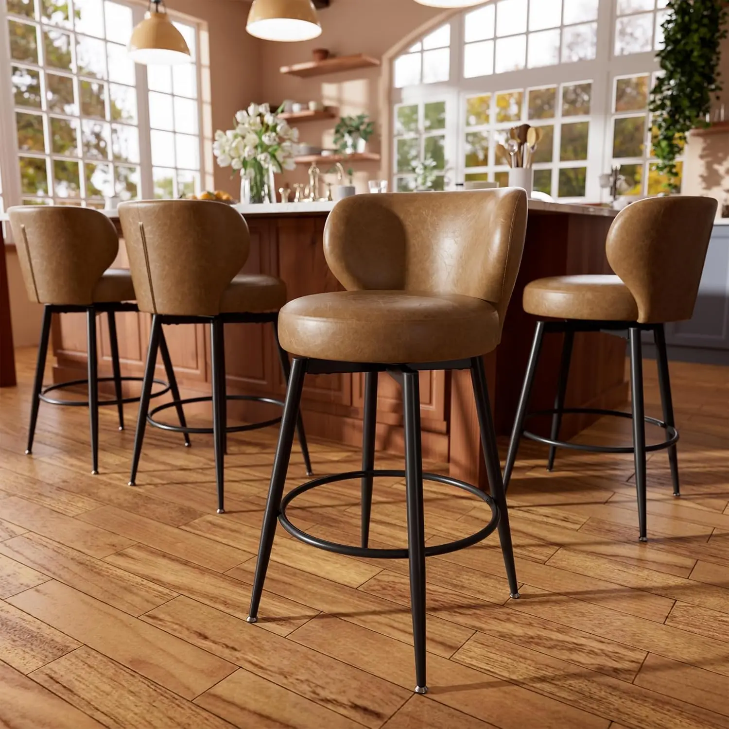 26" Swivel Leather Bar Stools Set of 4 with Back & Footrest Metal Legs for Kitchen Island Home Bar Dining Room, Custom image 2