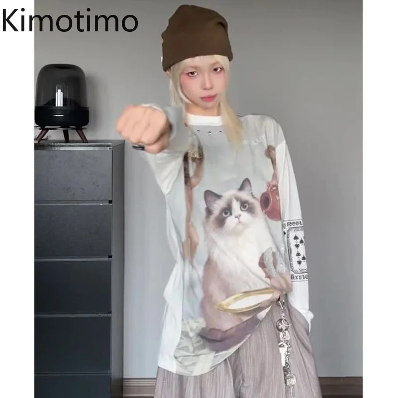 Kimotimo Harajuku Cat Print Long Sleeve T-shirts Women Japanese Y2k Aesthetic Beading O-neck Loose Tops Vintage Streetwear Tees