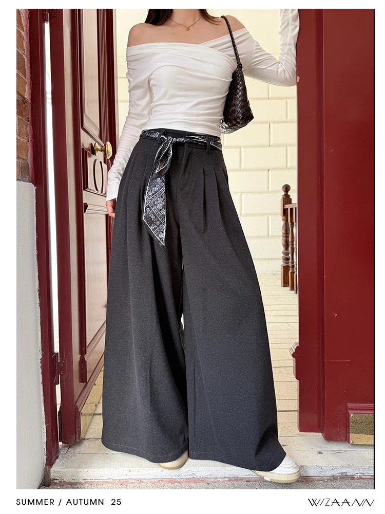 

Женский модный костюм WizAann для ранней осени: брюки с широкими штанинами, поясом, цветными блоками, высокой талией, из утолщенного хлопкового смесового материала