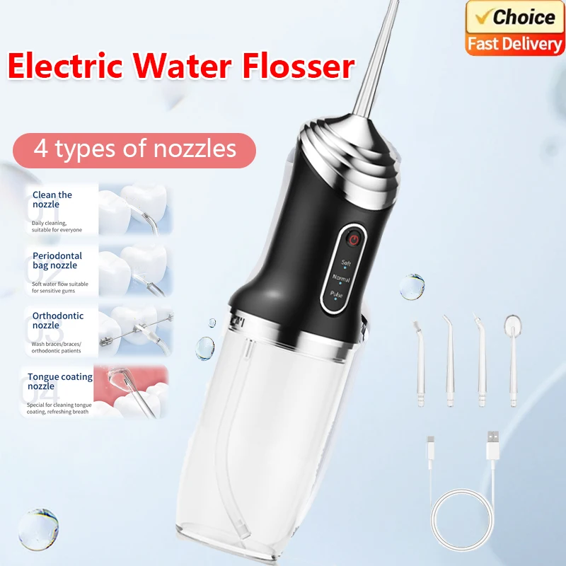 

Стоматологический ирригатор для воды, портативный ирригатор для полости рта, перезаряжаемый через USB, 320 мл, 4 струйных насадок, 3 режима, очиститель для зубов, домашнее путешествие