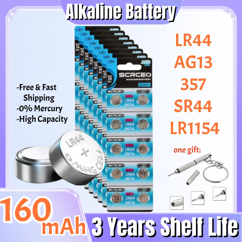 10-100PCS LR44 AG13 160mAh Cell Coin Watch Battery L1154 SR44 357 Alkaline Button Batteries Suitable For Watch Fast Delivery
