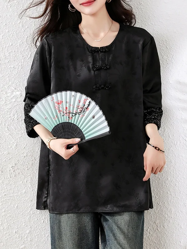 

Ele Loose Casual Sle Women's irt Autumn New Arrival Chiffon Fabric Button up Floral Embroidery Versatile Loose Top