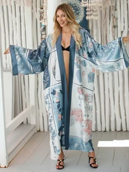 Styl boho Kimono okrycie plażowe z długim rękawem, z nadrukiem w stylu Tribal kardigan Kimono, osłona przeciwsłoneczna z otwartym przodem kostium kąpielowy