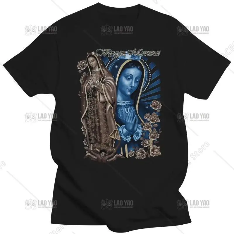

Virgen Morena Guadalupe Virgin Mary Flower Flowers Rose Pray Quality T Shirts Men Printing Short Sleeve O Neck