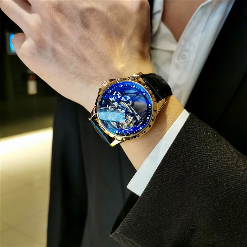 Luxury Men Watches Automatic Mechanical Wristwatch Skeleton Design Waterproof Leather Strap Male Watch Reloj Hombre AOKULASIC