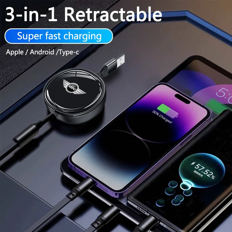 

3in1 100W Fast Charge Cable For iPhone USB Type C/Micro Retractable For BMW Mini Cooper R50 R53 R55 R56 R60 R61 F54 F55 F56 F60