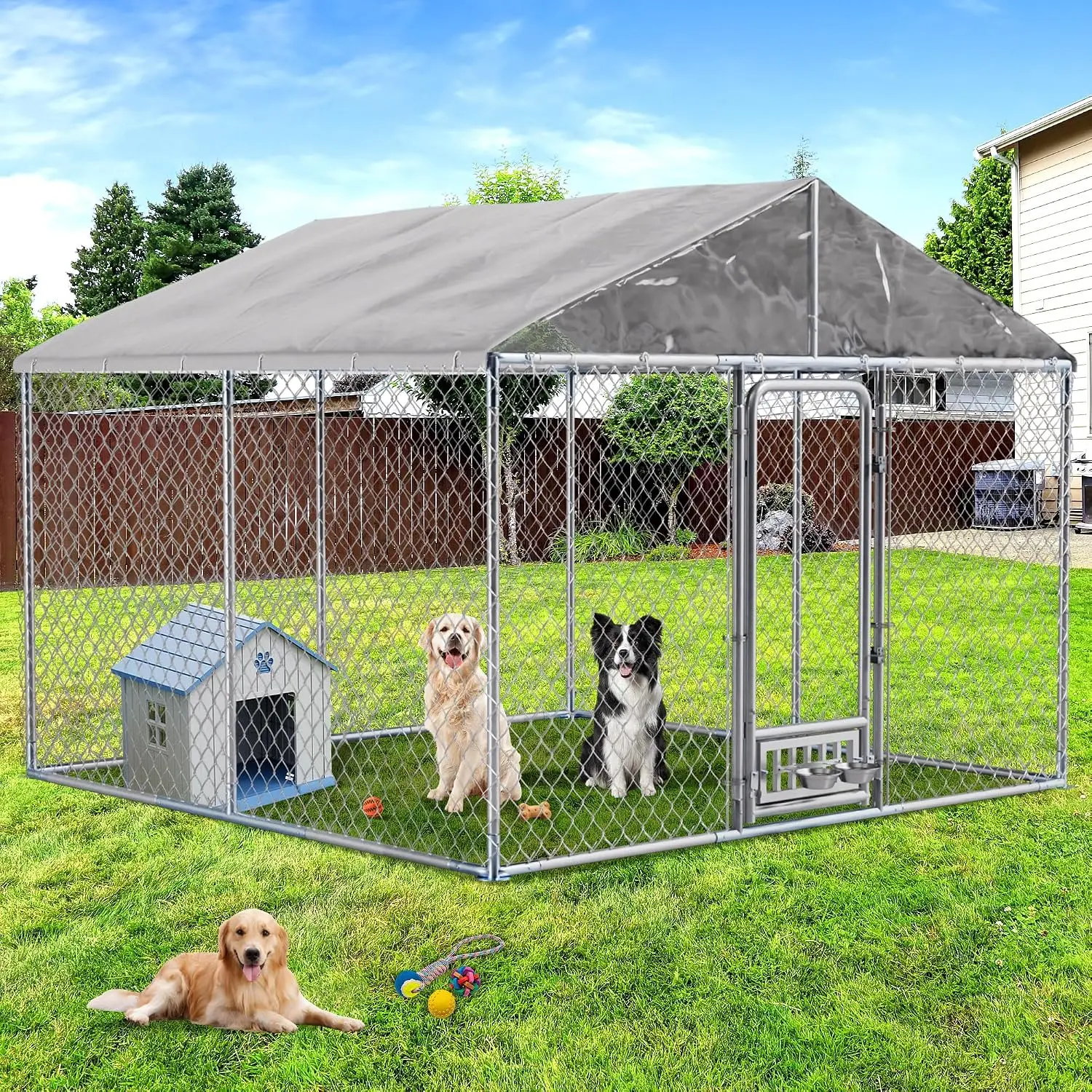 XXL Outdoor Dog Kennel Waterproof Roof Galvanized Steel Cage Feeder Bowls Lock Large Dogs 10x10 FT, Customized