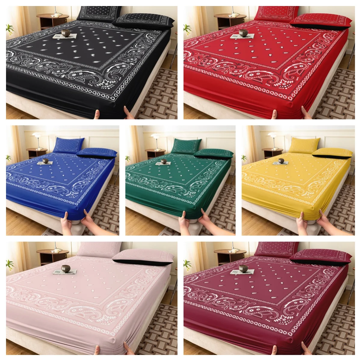 

3pcs Fashion Paisley Bohemian Home Digital Printed Fitted Sheet Set,For Home Bedrooms And Dormitories Mattress Protector