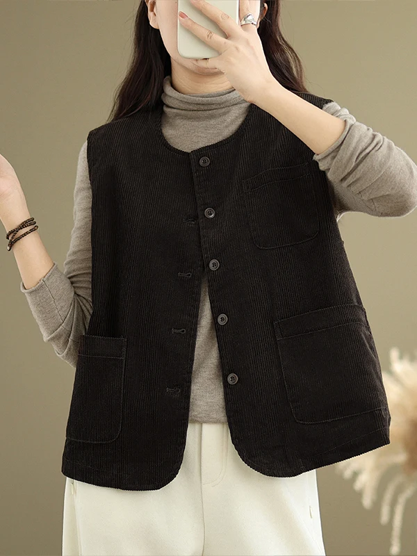 

Versatile round Ne Vest 2025 Autumn New Sle Casual Commute Loose Fit Cotton Blend Fce Lined Color ket Detail