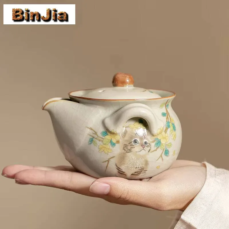 200Ml Imitation Song Ru Kin Teapot Cute Cat Hand Grasping Rabbit Art Pot Tea Soaking Kettle Chinese Kung Fu Cafes Ornaments
