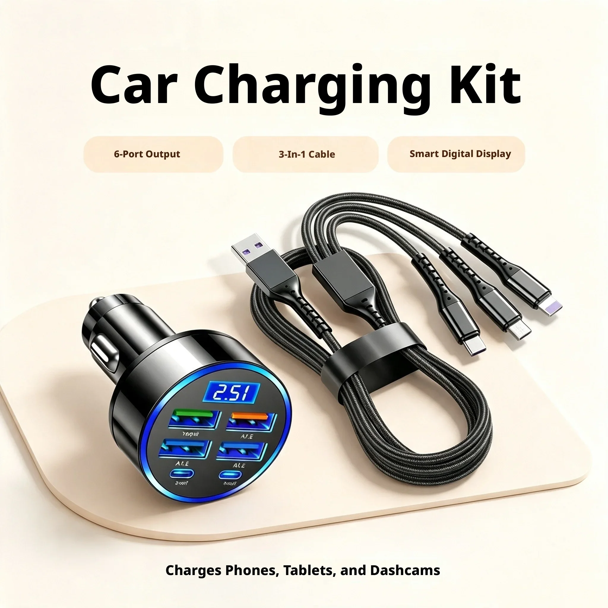 Fast Car Charger 6 Ports Digital Voltmeter Display Cigarette Lighter Adapter With 3‑In‑1 Multi‑Head Braided Charging Cable