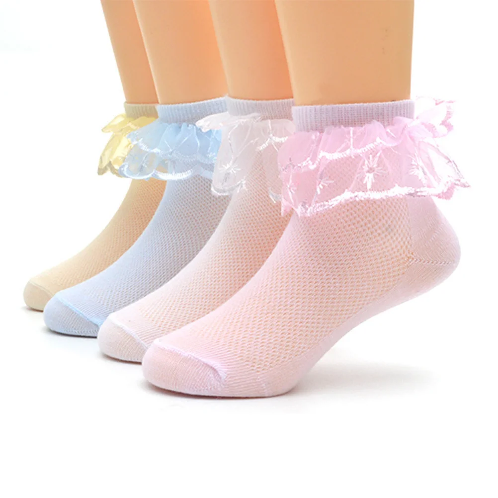 

4Pairs Princess Lace Cotton Socks Girls 0-3y Anti-Slip Breathable Comfortable Wathet White Pink Yellow Girls Ankle Socks