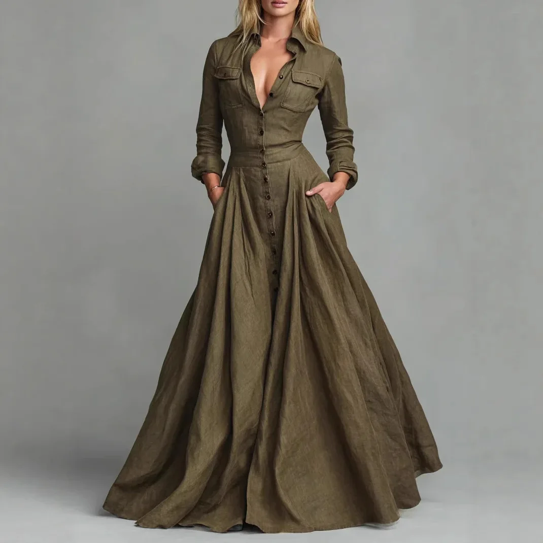 

European American Women Dresses Retro Turndown Collar Pocket Long Dress Autumn Single Breasted Long Sleeve A-Line Street Dress