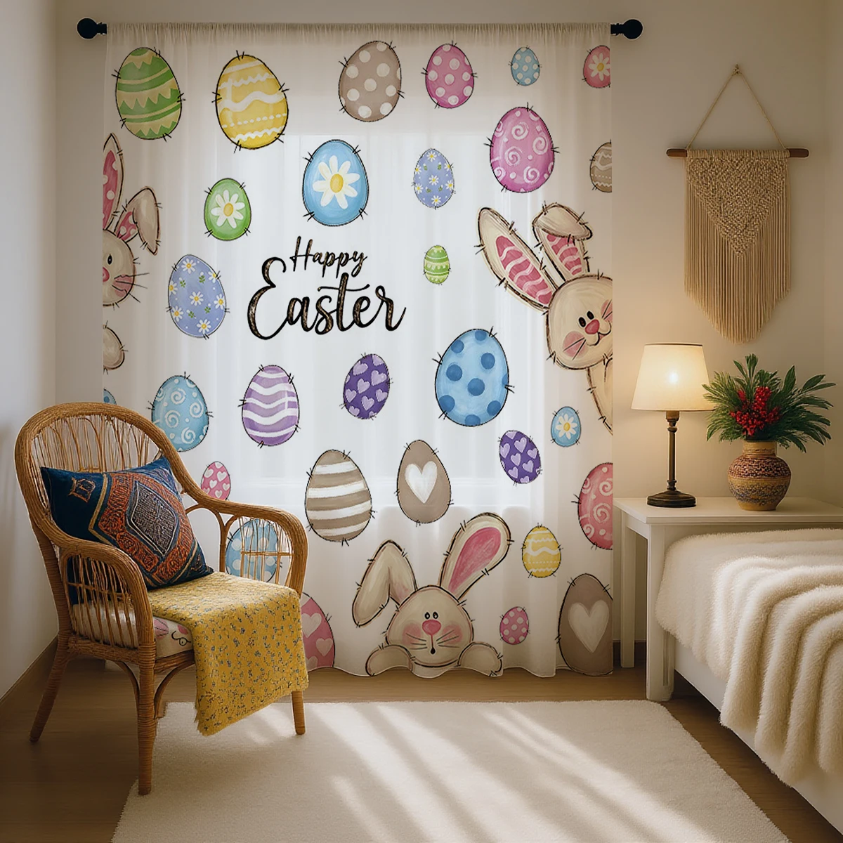 1 Piece Happy Easter Cute Rabbit & Egg Sheer Curtain - Light Reducing, Privacy, Rod Pocket, Translucent, for Living Room/Bedroom