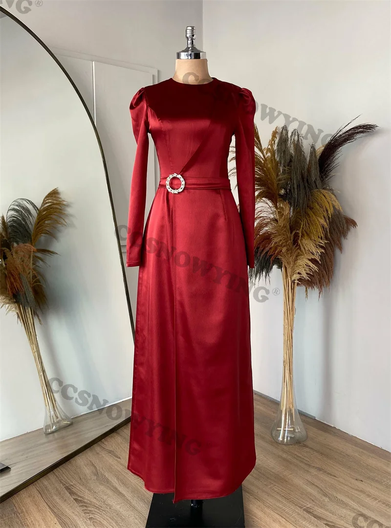 

Burgundy Satin A Line Muslim Hijab Evening Dresses Long Sleeve O Neck Formal Party Gown Arabic Dubai Women Robes De Soirée