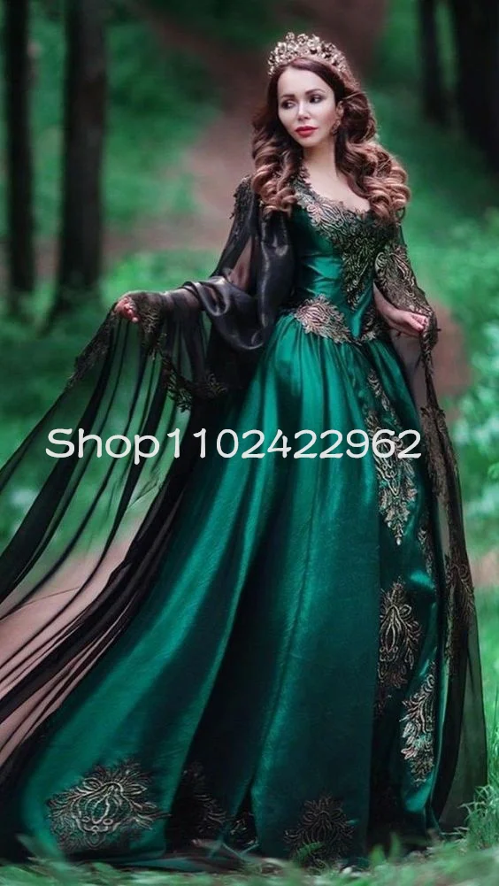 Emerald Green Celtic Lady Cosplay Prom Occasion Dresses with Cape Off Shoulder Applique corset Masquerade Evening Gown Robes