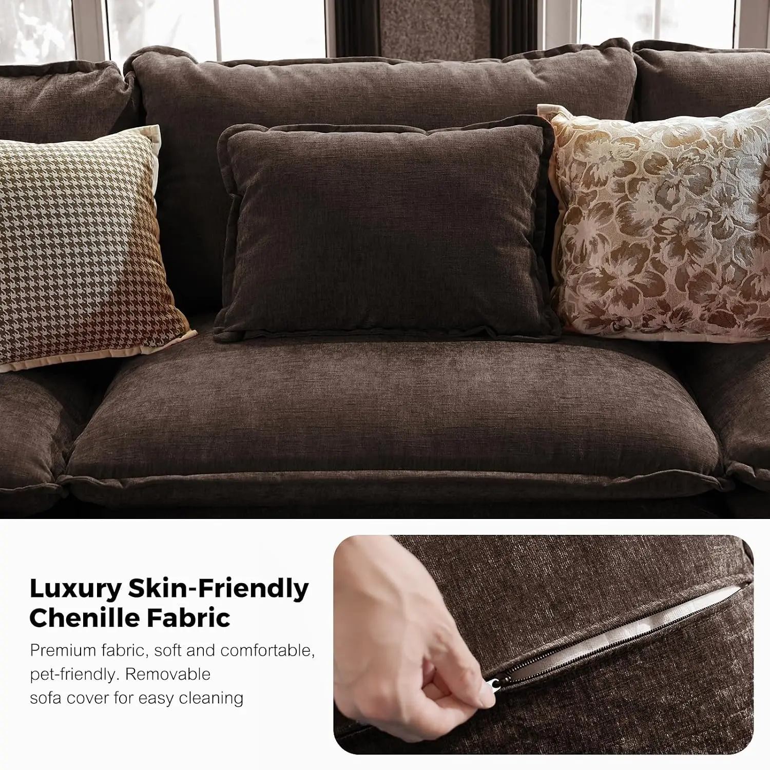 V Shaped Modular Sectional Sofa, Cloud Sofa with Removable Cover, 5-Seat Chenille Couch for Living Room, Customized