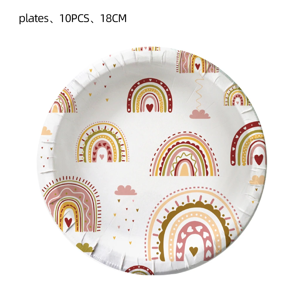 Ensemble de décoration de fête d\'anniversaire, Boho arc-en-ciel, tasse en papier, assiette, serviettes en paille, drapeau pour enfants, décoration