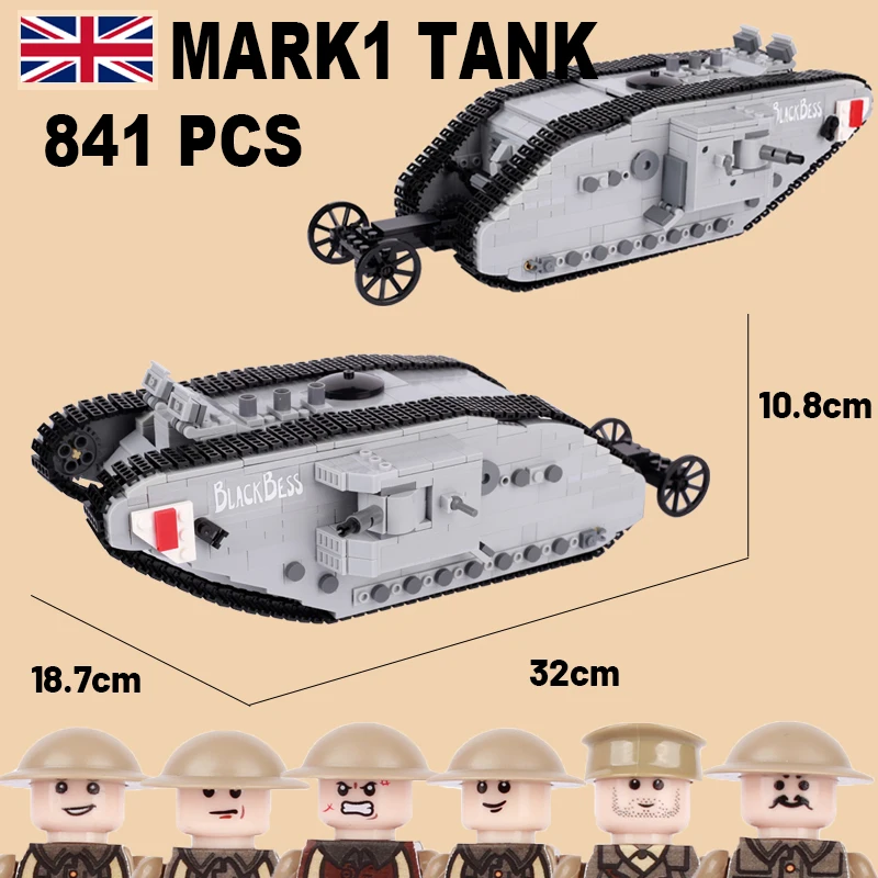 

WW1 Britain Military MARK1 Tank Model Building Blocks WW2 Army Infantry Solider Figures Sticker Car Vehicle Weapons Bricks Toys