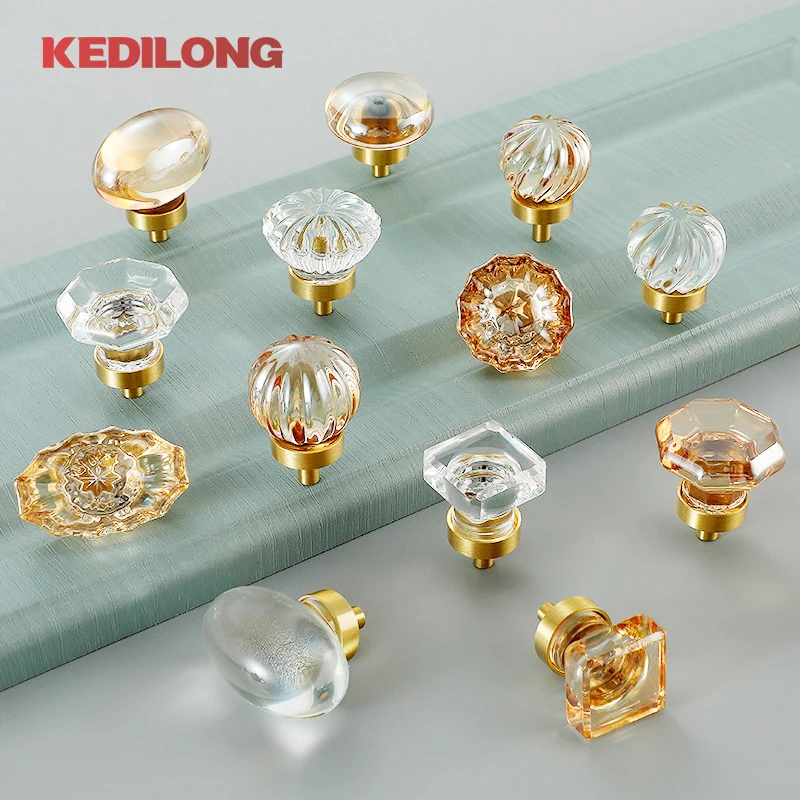 KEDLO Crystal Brass Handle Round Pigeon Egg Hot Air Balloon Drawer Cabinet Door Pull Transparent Wardrobe Single Hole Knob