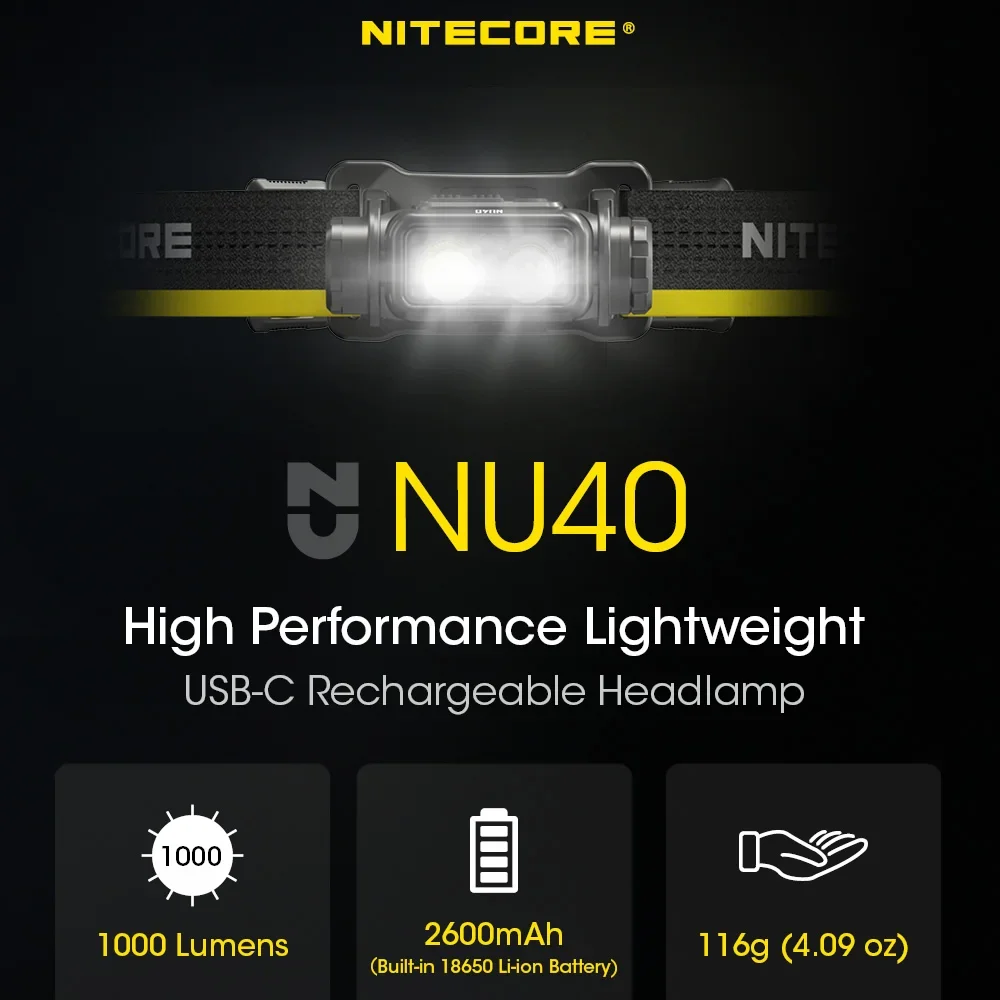 NITECORE NU40 1000 LMs Light Weight and High Capacity Built In 2600mah Rechargeable Battery Headlamp Gear Outdoor Camping Search