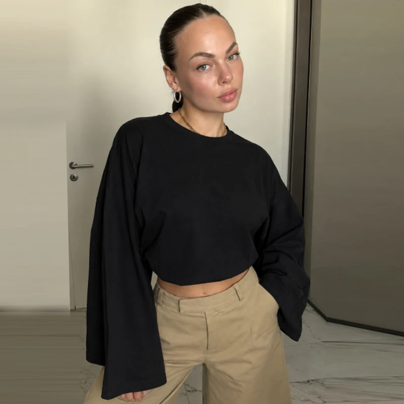 HXAO Cropped Oversized T-Shirt Damen Langarm-Oberteil Herbst 2026 Elegantes Weißes Schwarzes Braunes Oberteil O-Ausschnitt Glockenärmel Basic-Shirt – Detail 11
