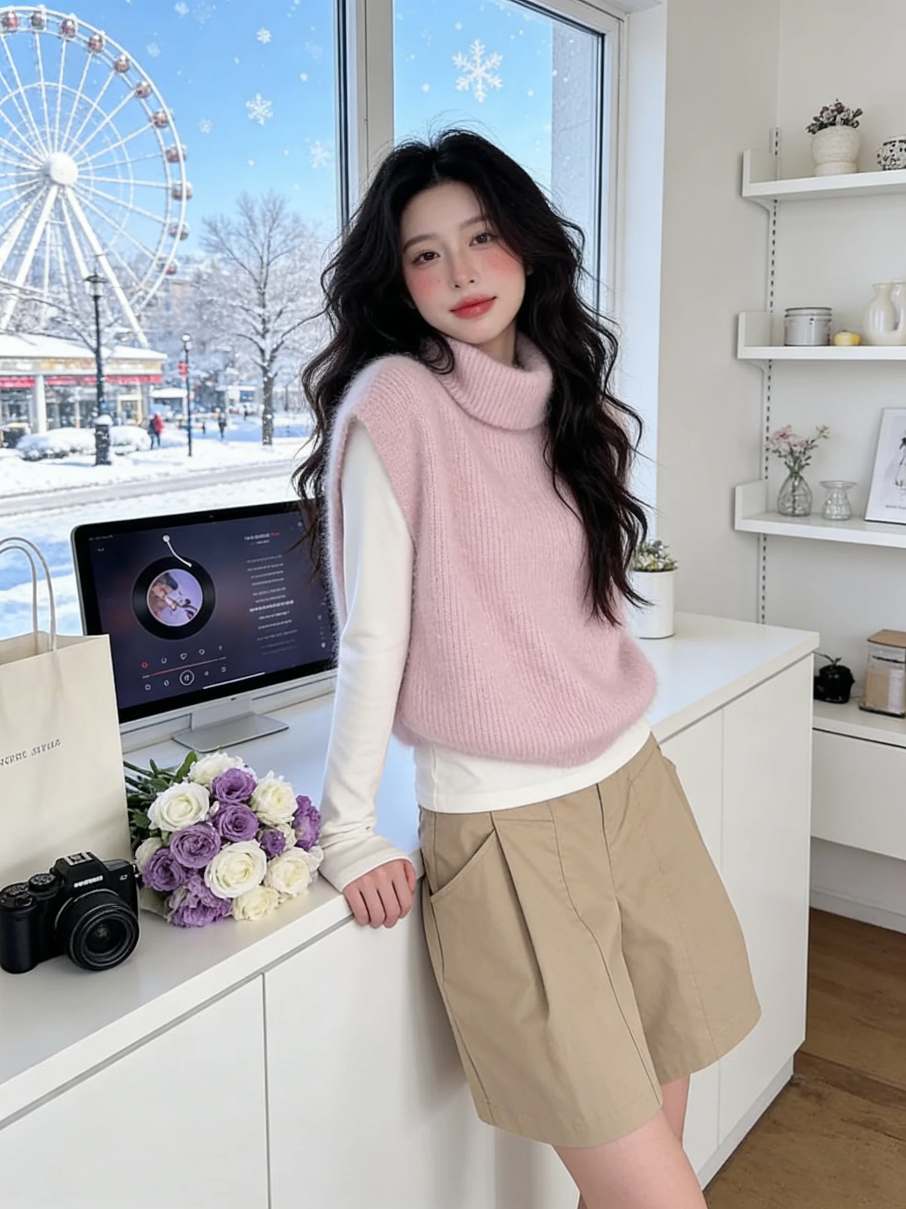Korean Style Pink High Collar Knitted Vest Women Spring Autumn 2026 New Sweet Style Shoulder Pad Layered Sweater Sleeveless T...