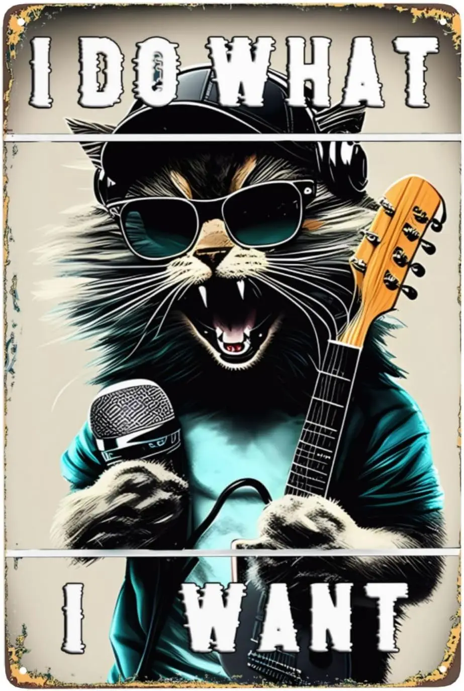 Cat Holding a Microphone I Do What I Want Metal Tin Sign Vintage, for Bedroom Home Kitchen Hotel Bar Cafe Outdoor Wall Deco sign