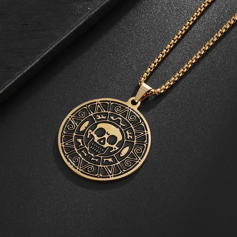 Fashionable Pirates of The Caribbean Skull Circle Pendant Necklace Men's Punk Trend Cool Jewelry