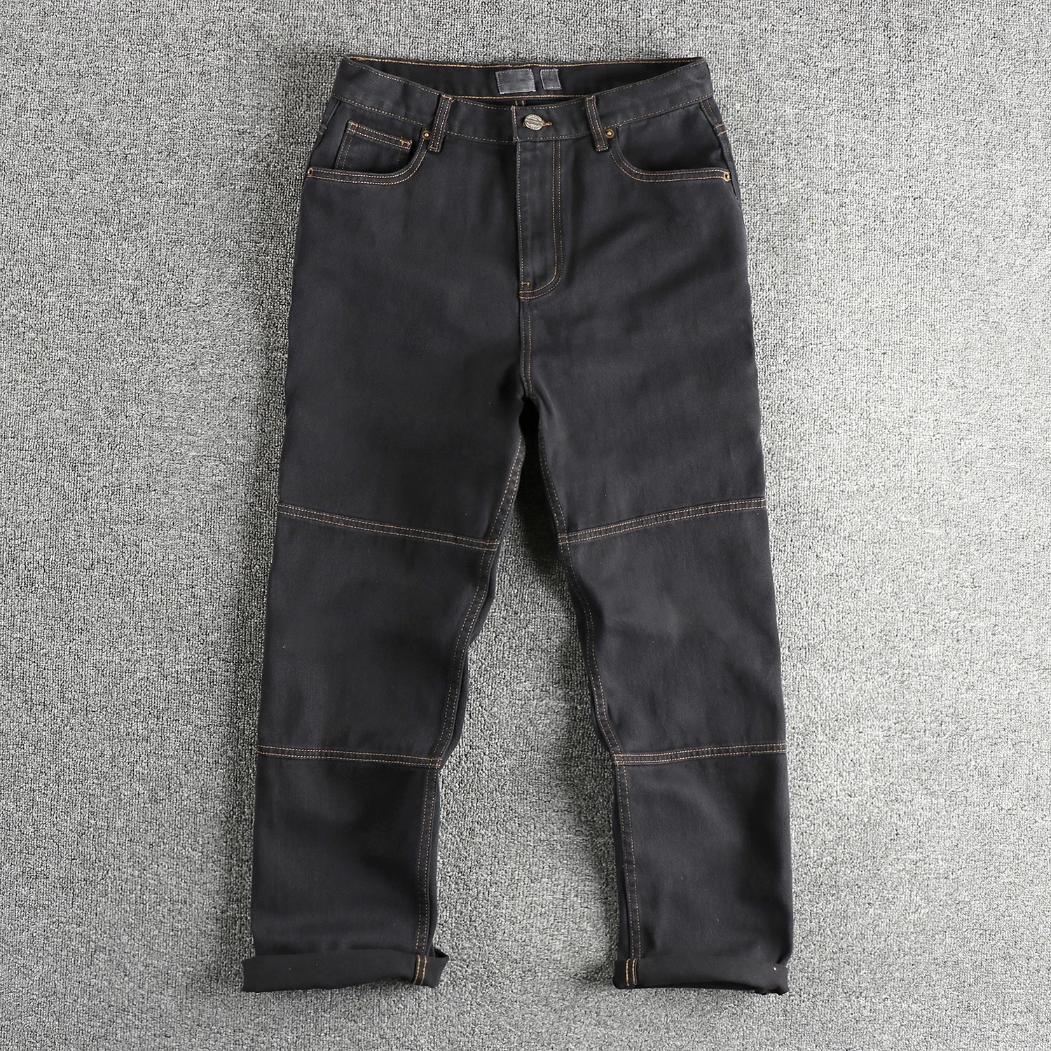 Heavy wash do celana jeans vintage Amerika tua pria, celana panjang kaki lurus longgar tren khaki rasa desain perca