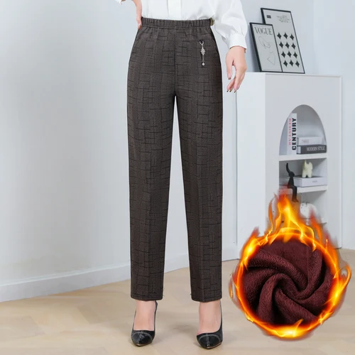 Imagen 1 del producto Pantalones de pierna recta a rayas lisas con cintura elástica de lana de cordero nuevos de talla grande Otoño/Invierno pantalones rectos sueltos para mujer 8XL
