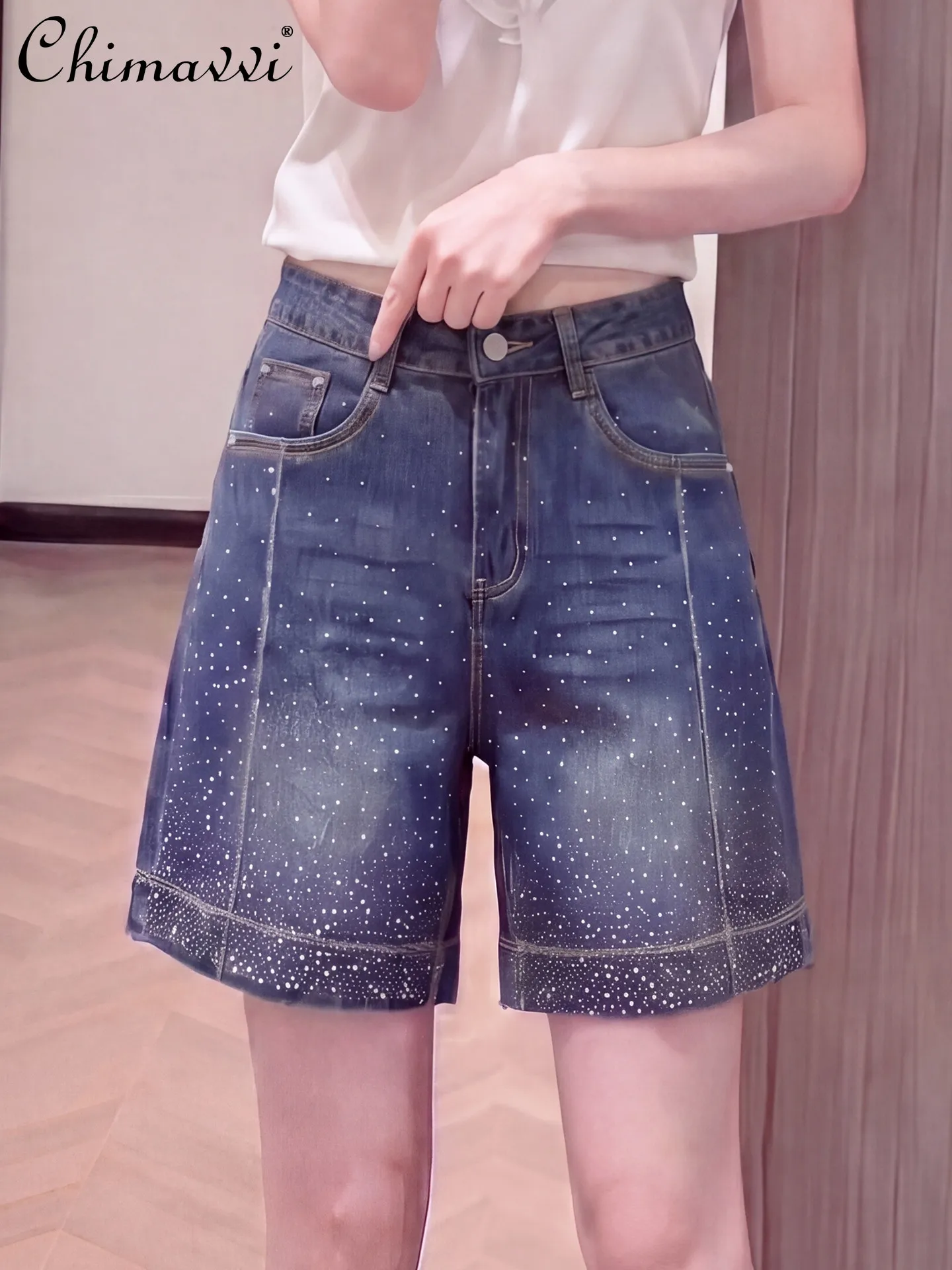 

Gypsophila Hot Diamond Denim Shorts Women 2026 Summer New Fashion High Waist Loose Slimming European Wide Leg Short Pants